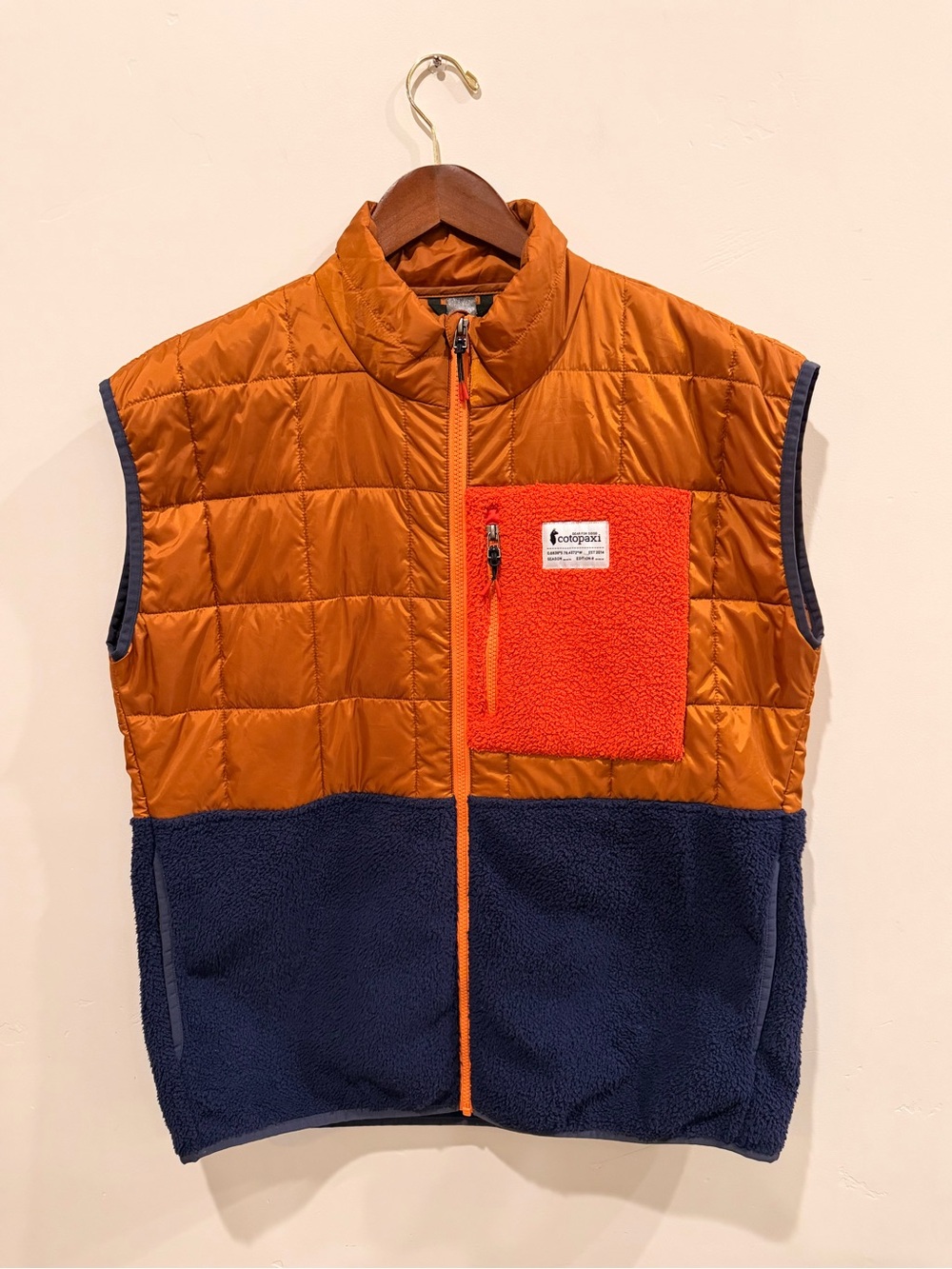 Cotopaxi Orange Navy Hybrid Fleece Quilted Full Zip Vest Size L
